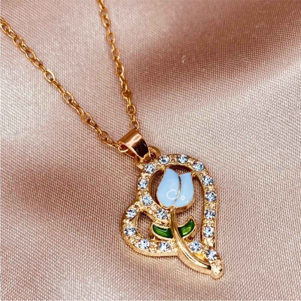 Elegant White Enamel Tulip Heart CZ Pendant Gold Dainty Necklace